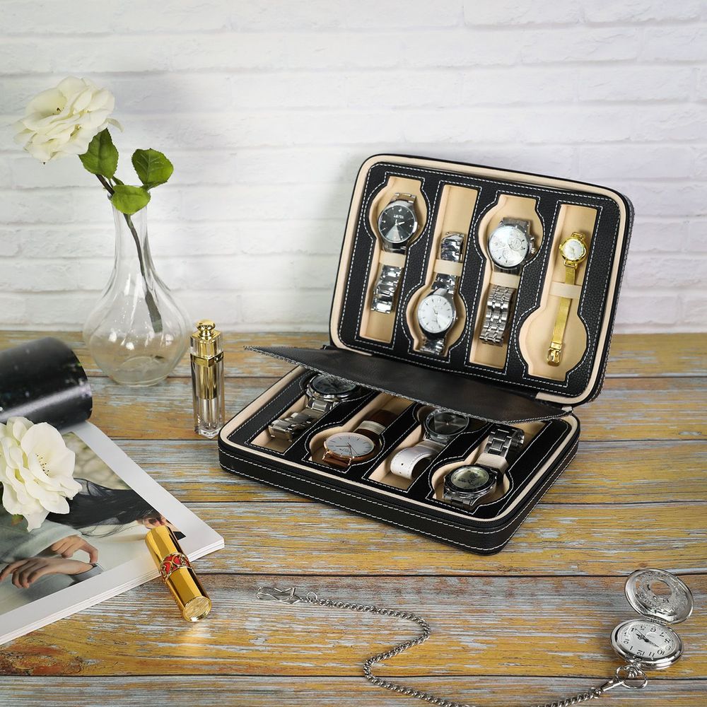 Songmics Κασετίνα Αποθήκευσης για 8 Ρολόγια με Φερμουάρ - Black- JWB50B