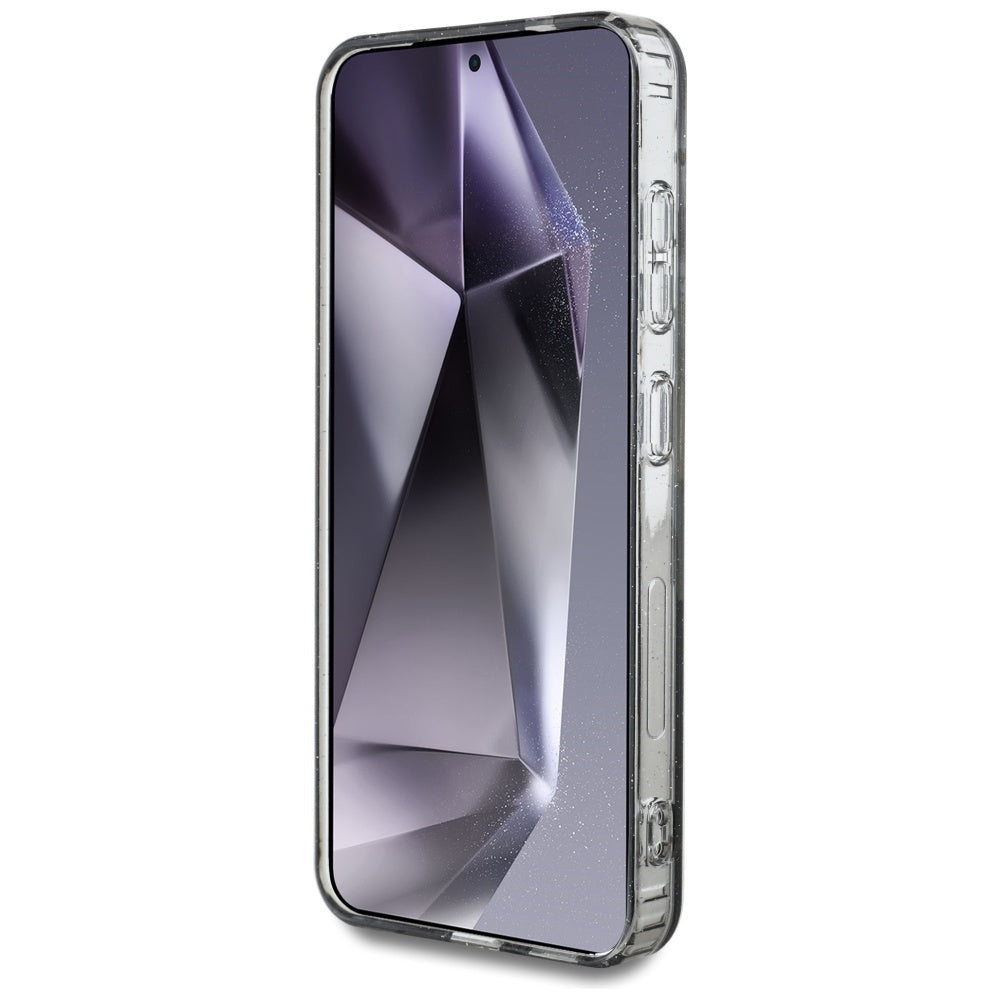 Guess Samsung Galaxy S25 - Glitter Flowers Triangle Buttons MagSafe - Σκληρή Θήκη με Πλαίσιο Σιλικόνης - Black - GUHMS25SHFLPEDK