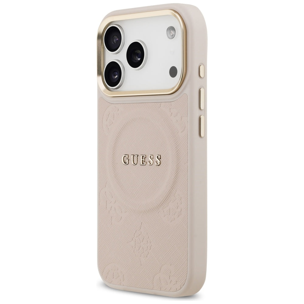Guess iPhone 17 Pro - Peony Hot Stamp MagSafe - Σκληρή Θήκη με Επένδυση Συνθετικού Δέρματος - Pink - GUHMP17LPSAMSECP