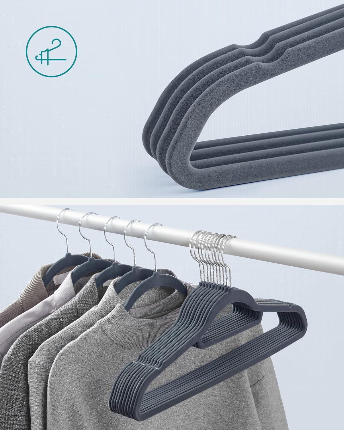 Songmics Σετ με 20 Βελούδινες Κρεμάστρες για Κοστούμι με Οργανωτή Γραβάτας - Light Grey - CRF20VX