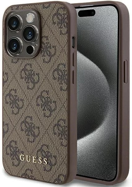 Guess iPhone 15 Pro - 4G Metal Gold Logo Σκληρή Θήκη με Επένδυση Συνθετικού Δέρματος - Brown - GUHCP15LG4GFBR