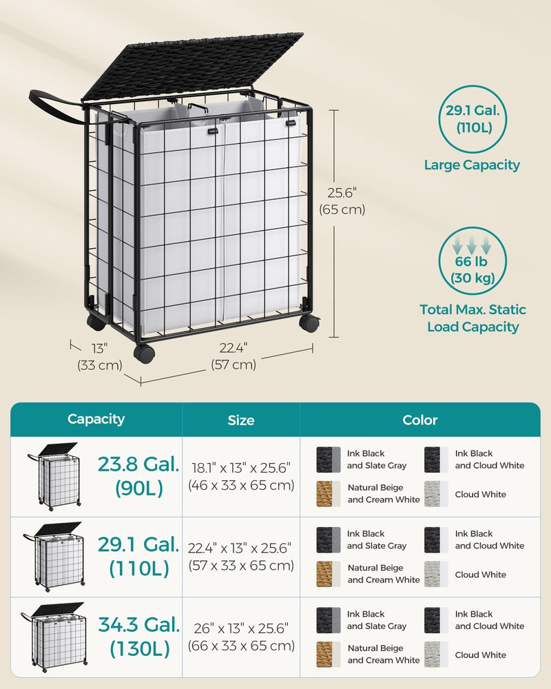 Songmics Τροχήλατο Αναδιπλούμενο Καλάθι Απλύτων με 2 Χωρίσματα και Καπάκι - 110L - Black / White - LCB211B12