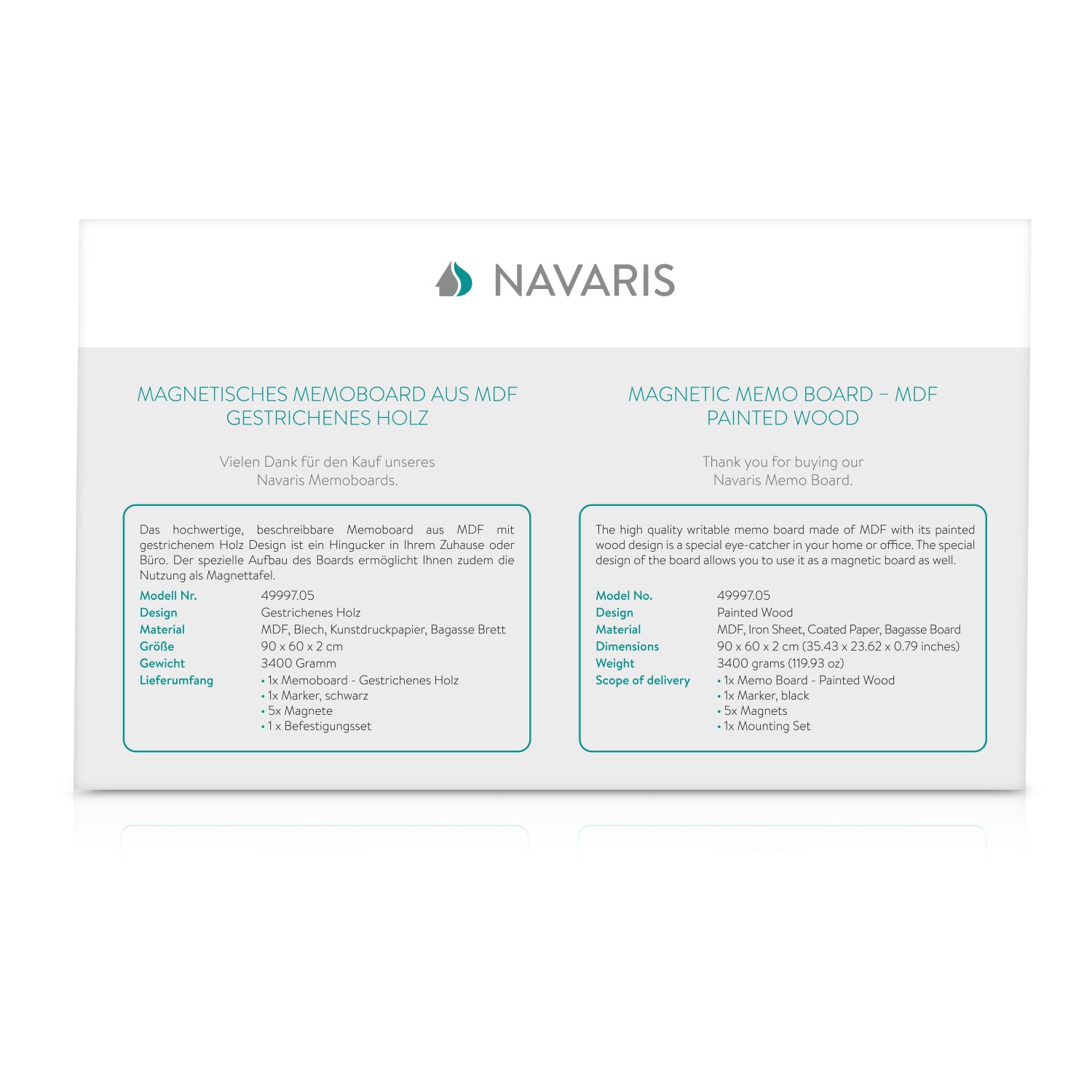 Navaris Magnetic Memo Board - Μαγνητικός Πίνακας Ανακοινώσεων - 90 x 60 cm - Painted Wood - 49997.05