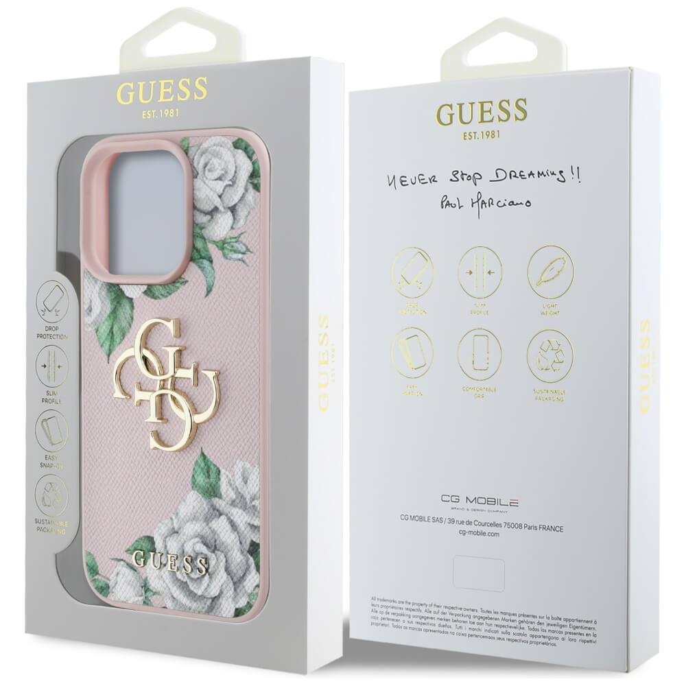 Guess iPhone 16 Pro - Grained Roses Big 4G Logo - Σκληρή Θήκη με Επένδυση από Οικολογικό Δέρμα - Pink - GUHCP16LPGROP4MP