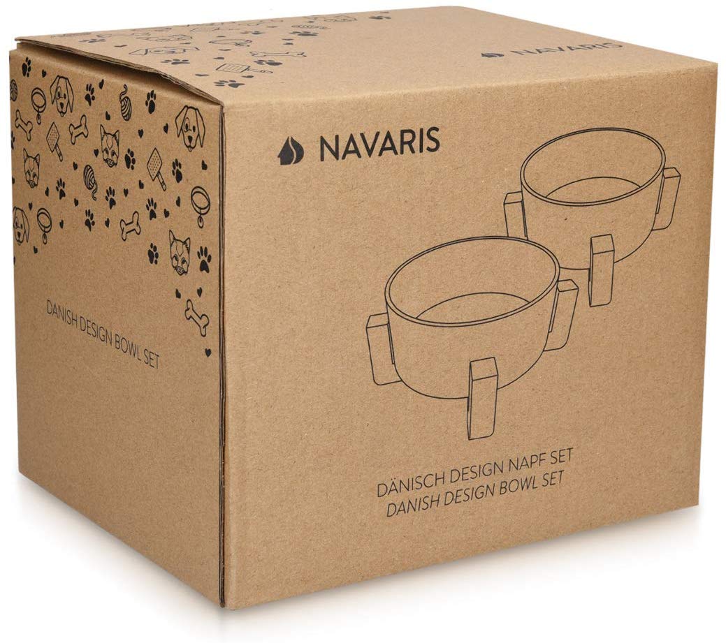 Navaris Cat Bowls with Wood Stands - Σετ με 2 Μπολ Φαγητού και Νερού με Βάση από Μπαμπού για Κατοικίδια - Grey / Brown - 48350.22