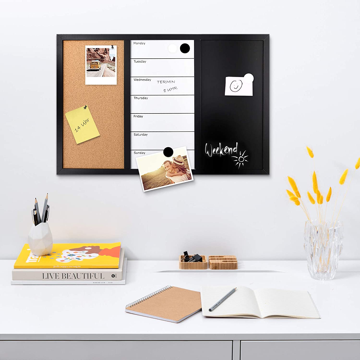 Navaris Combination Board 3 in 1 - Πίνακας 3 σε 1 με Μαυροπίνακα - Φελλό - Μαγνητικό Πίνακα 60 x 40cm - Black - 47164.01