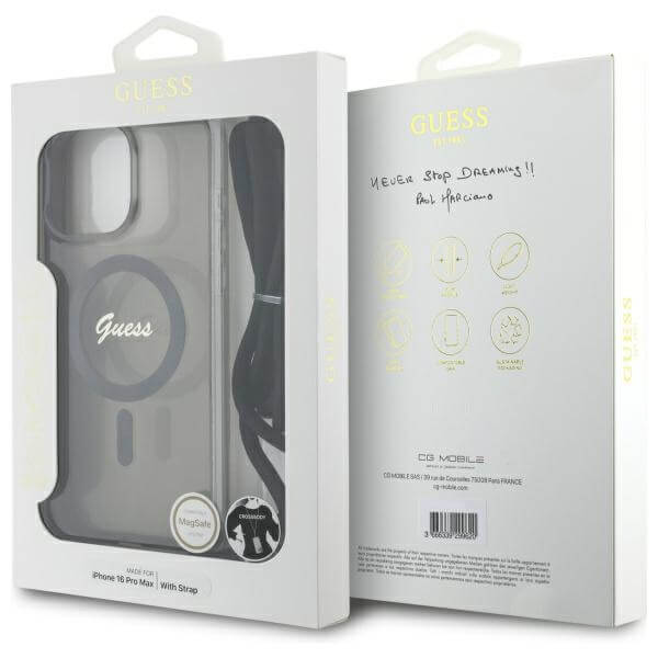 Guess iPhone 16 Pro Max - Crossbody Cord Script MagSafe - Σκληρή Θήκη με Πλαίσιο Σιλικόνης και Λουράκι - Black - GUHMP16XHCTSGNSK