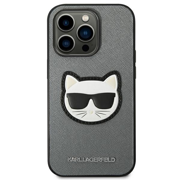 Karl Lagerfeld iPhone 14 Pro Max - Saffiano Choupette Head Patch Σκληρή Θήκη με Επένδυση Συνθετικού Δέρματος και Πλαίσιο Σιλικόνης - Grey - KLHCP14XSAPCHG
