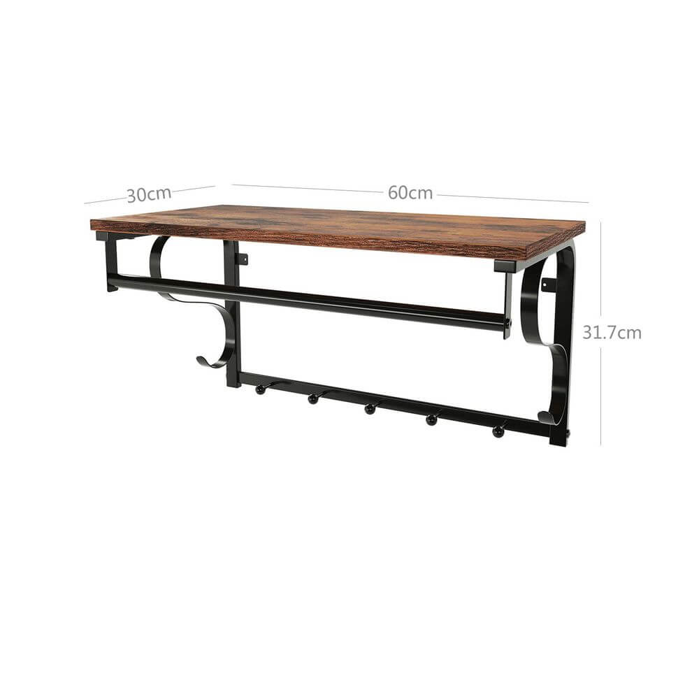 Vasagle Επιτοίχια Μεταλλική Κρεμάστρα με Ξύλινο Ράφι - 60 x 30 x 32 cm - Vintage Brown / Black - LCR11BX