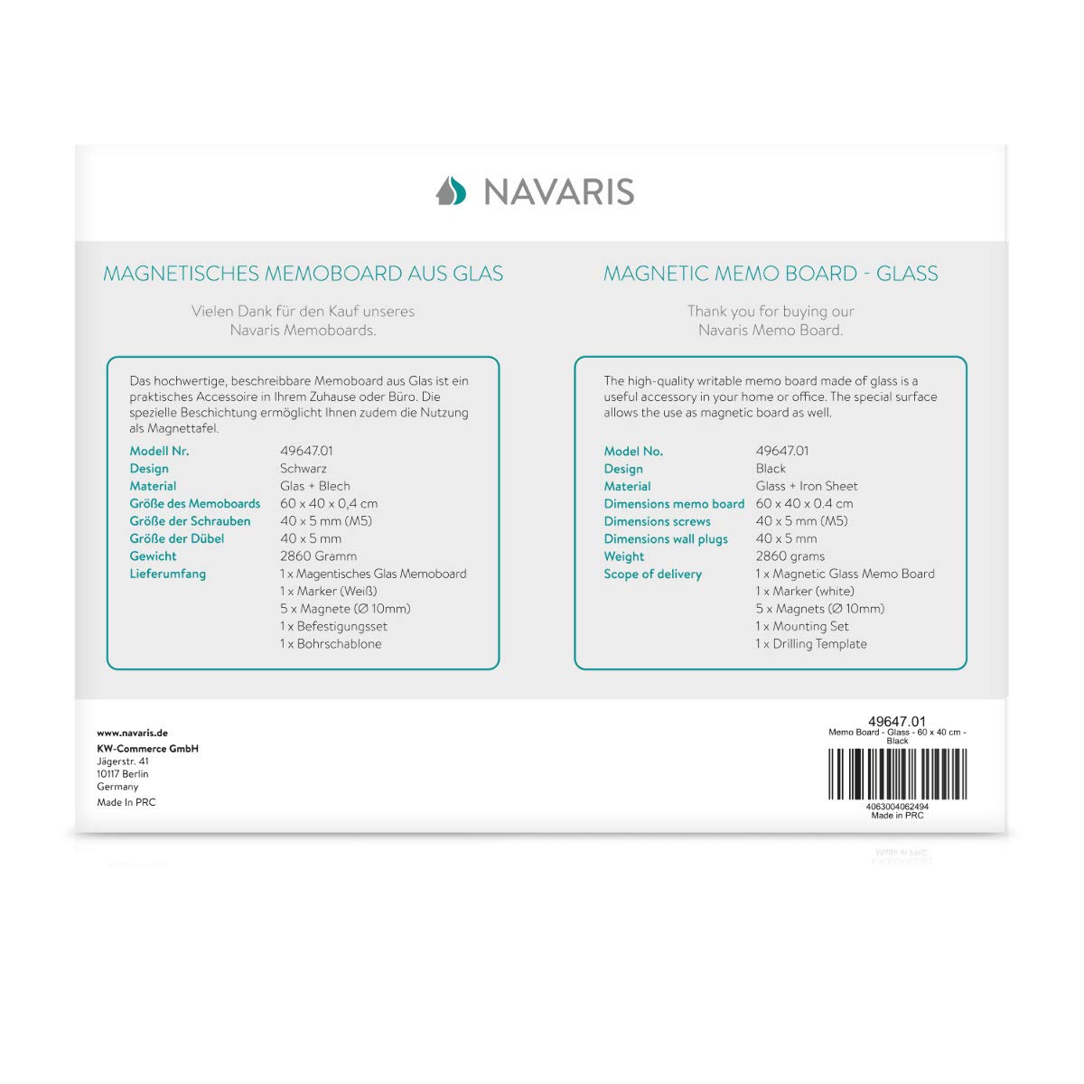 Navaris Μαγνητικός Γυάλινος Πίνακας - 60 x 40cm - Black - 49647.01