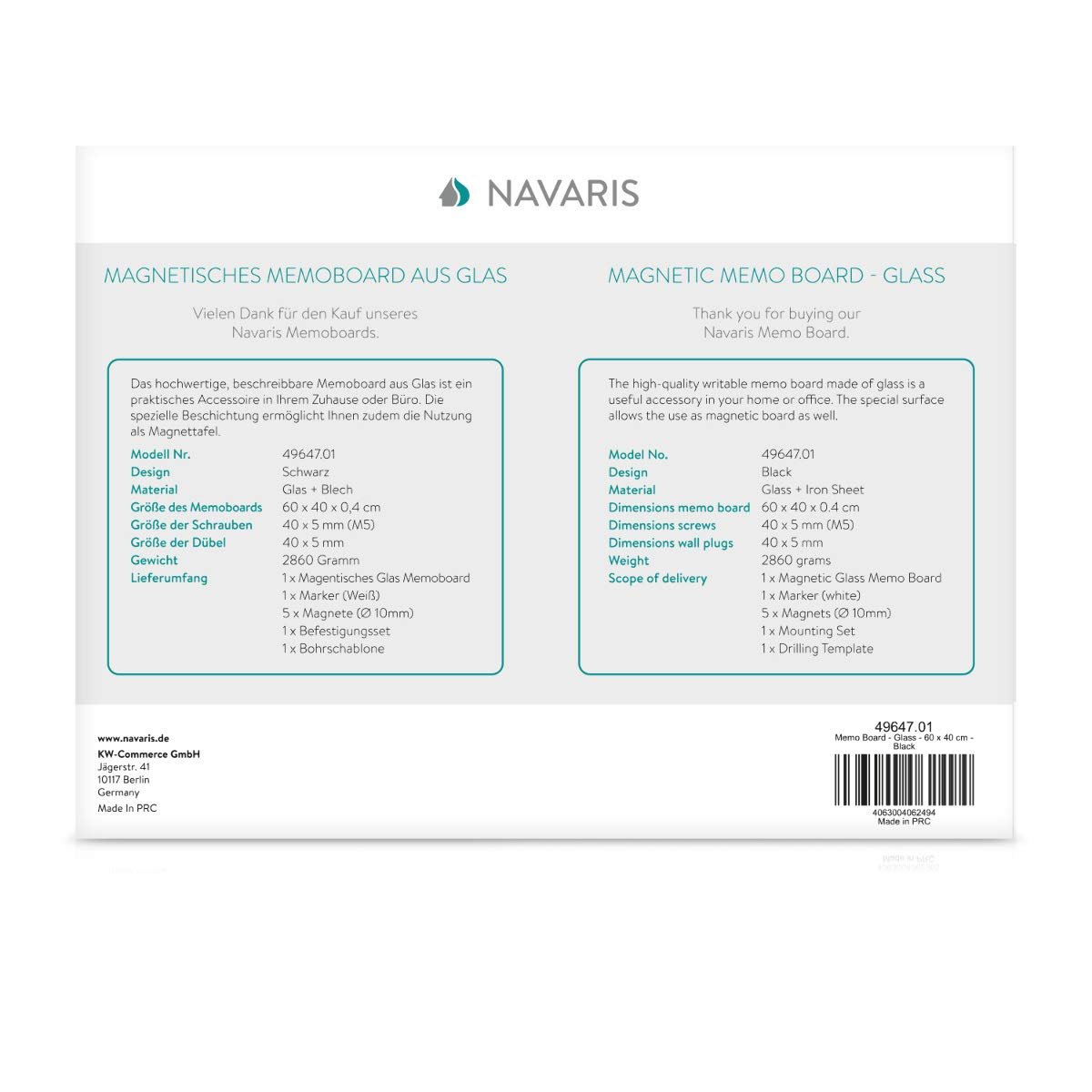 Navaris Μαγνητικός Γυάλινος Πίνακας - 60 x 40cm - Black - 49647.01