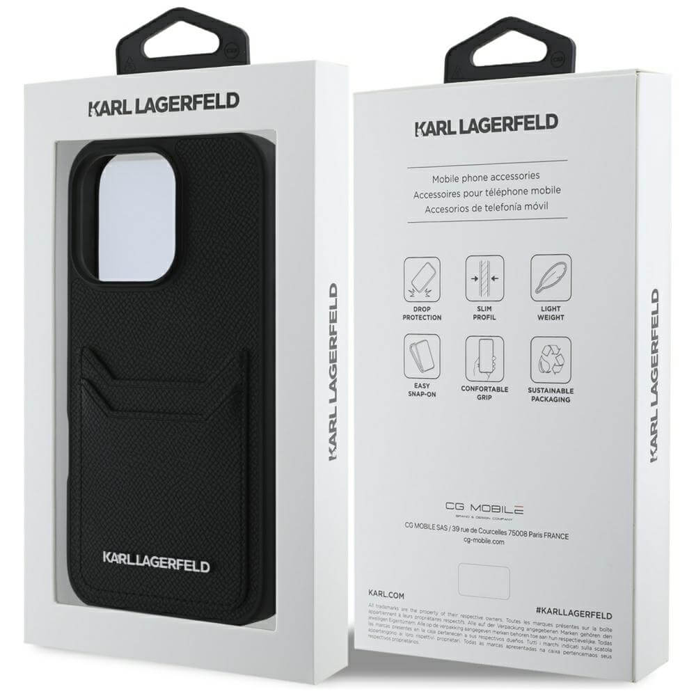 Karl Lagerfeld iPhone 16 Pro Max - HC Grained PU Cardslot Metal Elong - Σκληρή Θήκη με Επένδυση Συνθετικού Δέρματος και Υποδοχή για Κάρτες - Black - KLHCP16XPKHPORPK