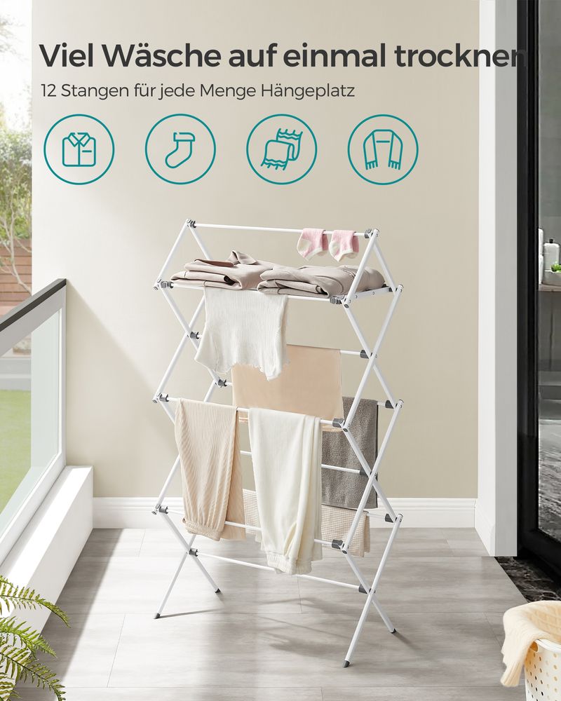 Songmics Πτυσσόμενη Μεταλλική Απλώστρα Ρούχων - 37 x 75 x 135.1 cm - White - LLR770W01