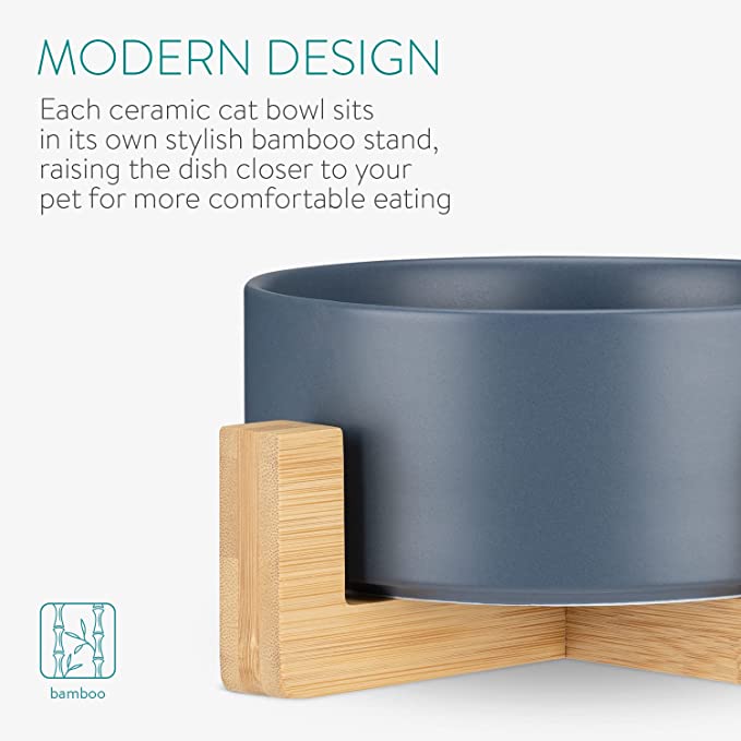 Navaris Cat Bowls with Wood Stands - Σετ με 2 Μπολ Φαγητού και Νερού με Βάση από Μπαμπού για Κατοικίδια - 850ml - Matte Blue / Brown - 48350.04