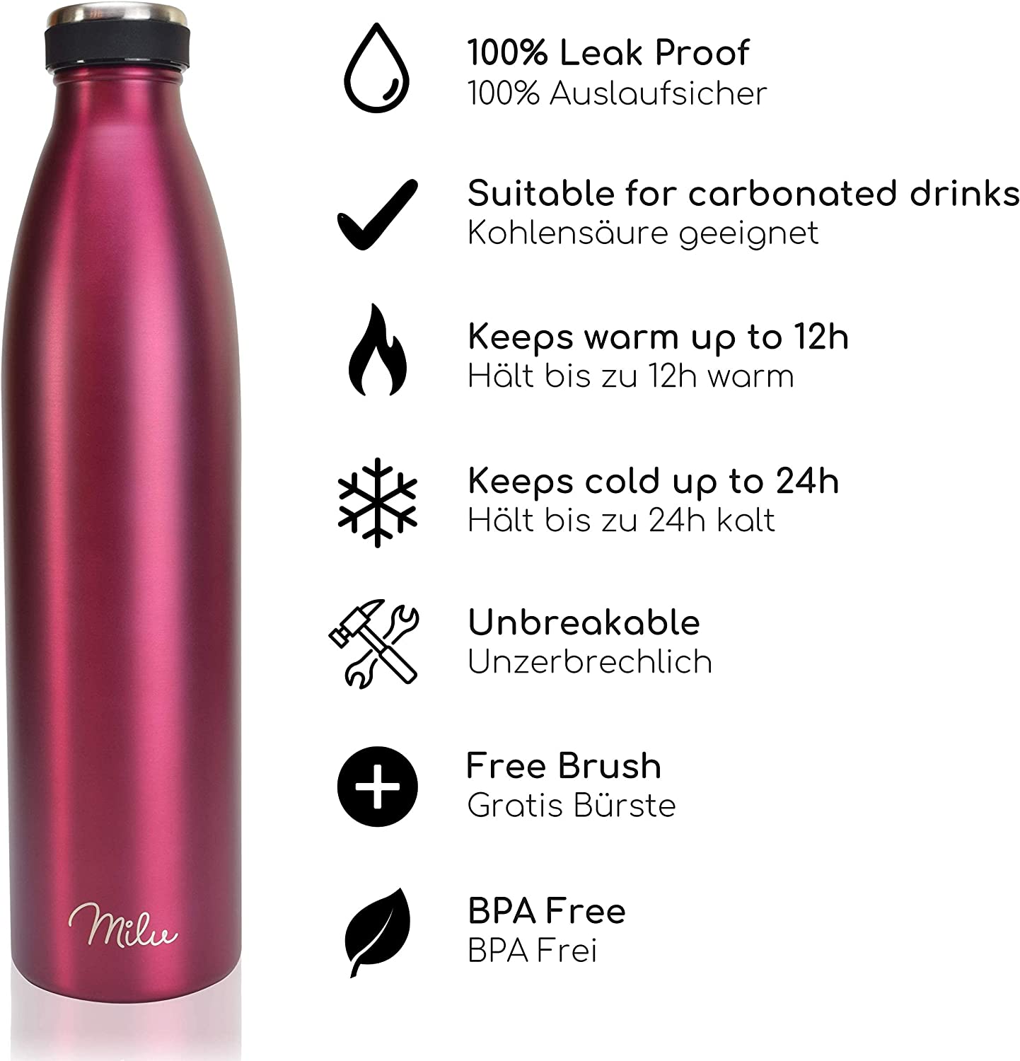 Milu T5 Stainless Steel Μπουκάλι Θερμός από Ανοξείδωτο Ατσάλι για Ζεστά και Κρύα Ροφήματα - 750ml - Berry Pink - 6475