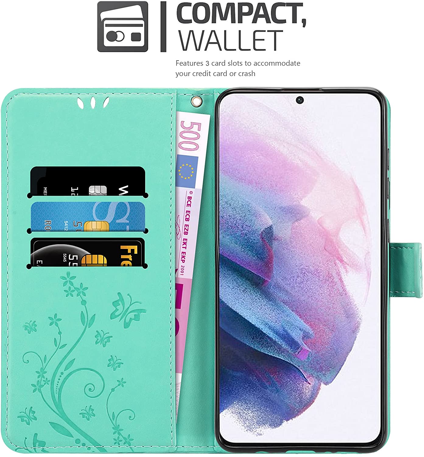 Cadorabo Samsung Galaxy S21 Θήκη Πορτοφόλι Stand από Δερματίνη - Floral - Turquoise