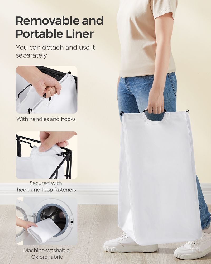 Songmics Τροχήλατο Αναδιπλούμενο Καλάθι Απλύτων με 2 Χωρίσματα και Καπάκι - 110L - Black / White - LCB211B12