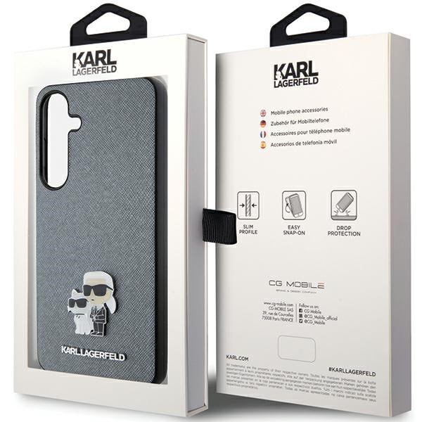 Karl Lagerfeld Samsung Galaxy S24 - Saffiano Karl and Choupette Metal Pin Σκληρή Θήκη με Επένδυση Συνθετικού Δέρματος και Πλαίσιο Σιλικόνης - Grey - KLHCS24SPSAKCMPG