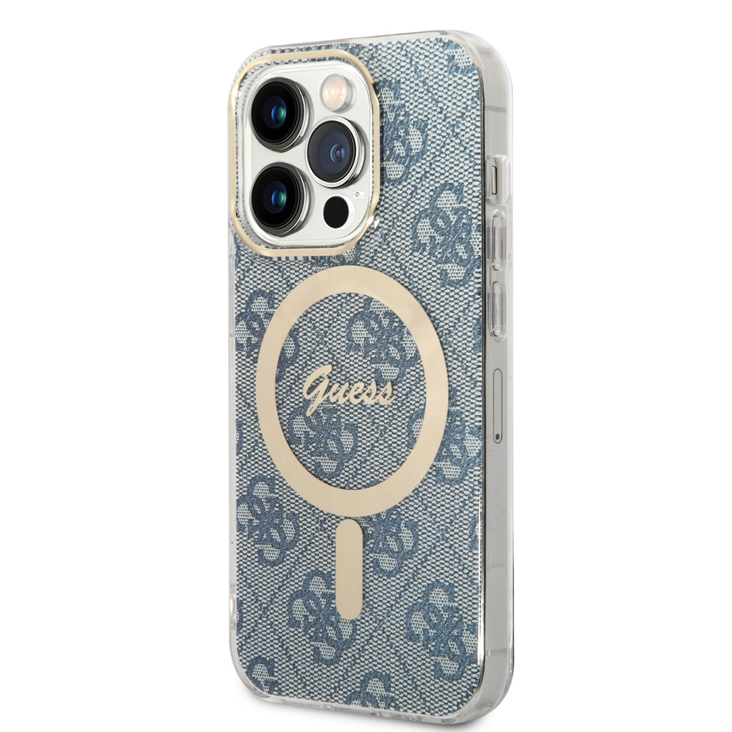 Guess iPhone 14 Pro Max - Bundle Pack MagSafe - Σετ Σκληρή Θήκη με Πλαίσιο Σιλικόνης και Ασύρματος Φορτιστής MagSafe - Design 4G and Gold - Blue - GUBPP14XH4EACSB