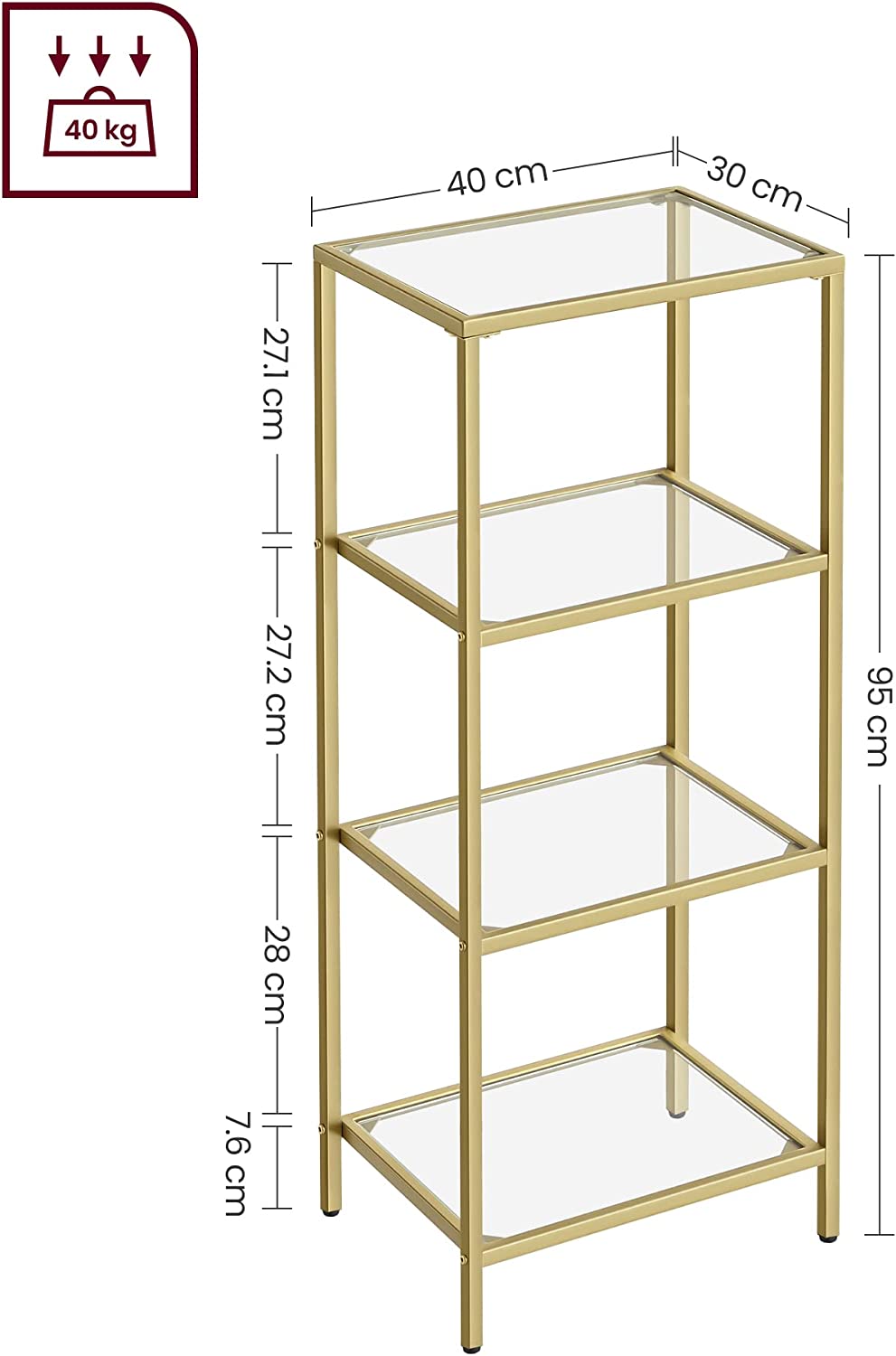 Vasagle Ραφιέρα από Γυαλί με 4 Ράφια - 40 x 30 x 95 cm - Gold - LGT28G