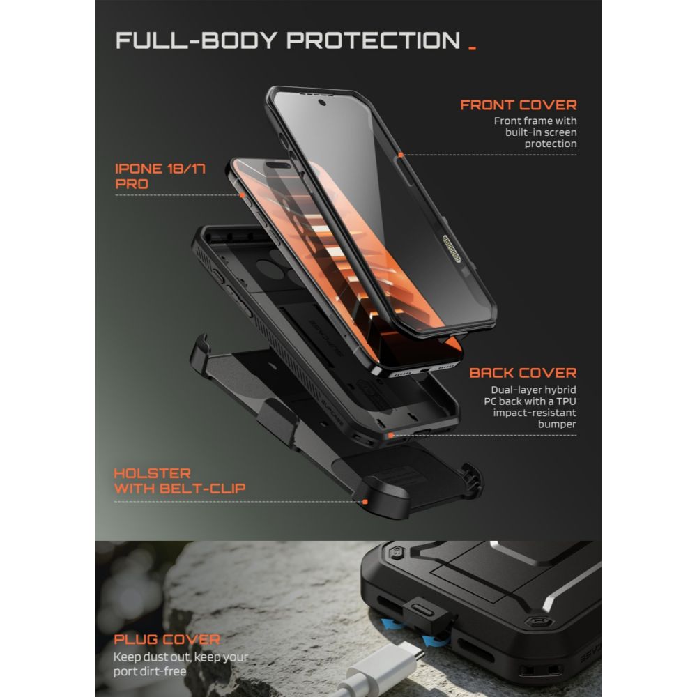 Supcase iPhone 18 Pro / iPhone 17 Pro - Σκληρή Θήκη με Προστασία Οθόνης και Stand - Unicorn Beetle Pro - Black