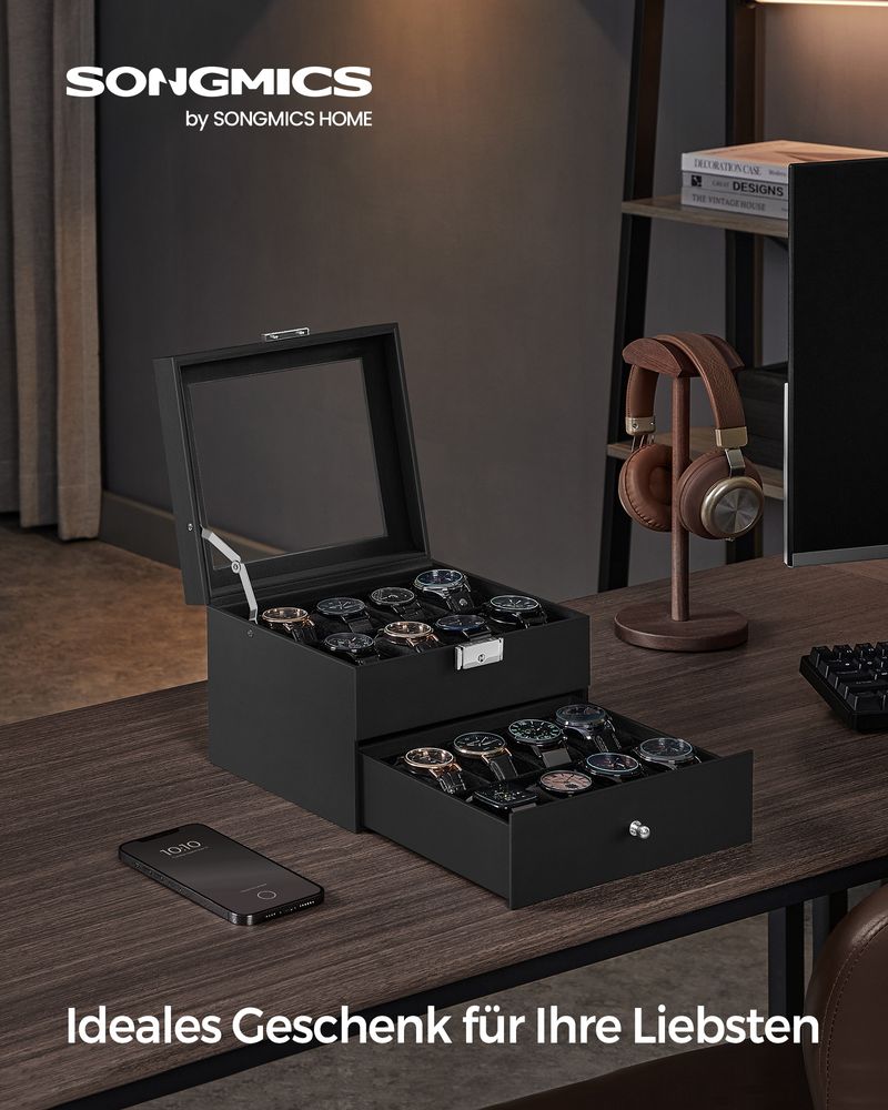 Songmics Κουτί Αποθήκευσης 2 Επιπέδων για 16 Ρολόγια - Black - JWB016B01