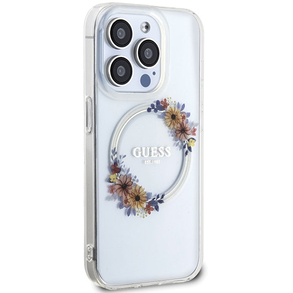 Guess iPhone 15 Pro IML Flowers Wreatch MagSafe Σκληρή Θήκη με Πλαίσιο Σιλικόνης και MagSafe - Διάφανη - GUHMP15LHFWFCT