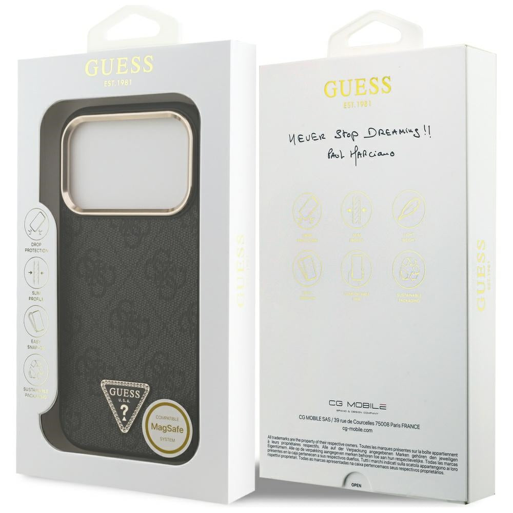 Guess iPhone 17 Pro - 4G Triangle Strass Logo MagSafe - Σκληρή Θήκη με Επένδυση Συνθετικού Δέρματος - Black / Gold - GUHMP17LP4GTDGMK