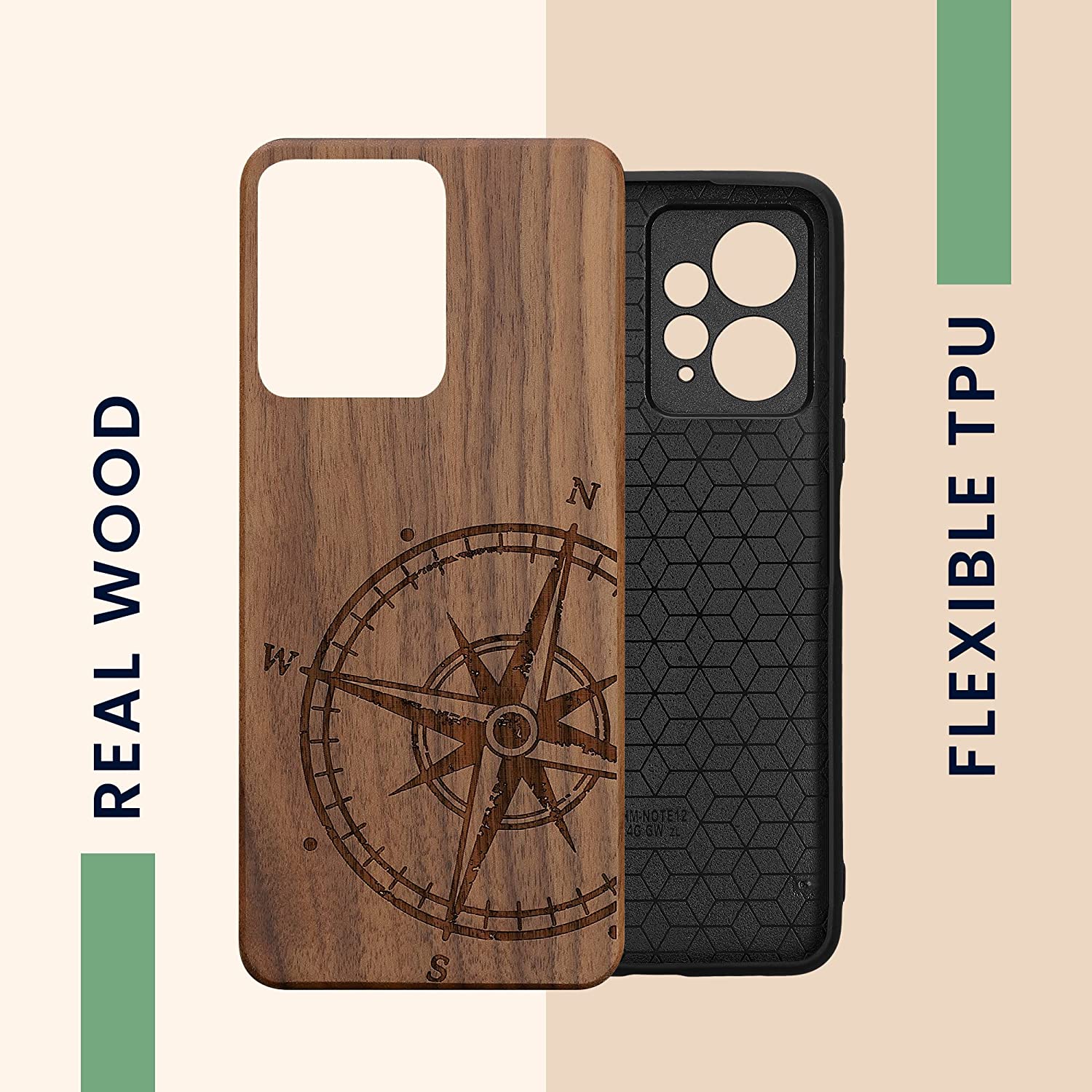 KW Xiaomi Redmi Note 12 4G Θήκη από Φυσικό Ξύλο - Design Navigational Compass - Dark Brown - 61179.01