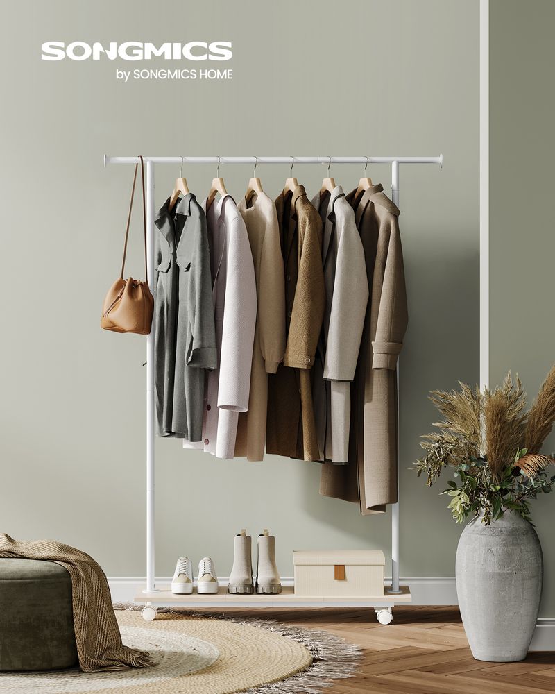 Songmics Τροχήλατη Επεκτεινόμενη Κρεμάστρα Δαπέδου - Ράγα Ρούχων - Natural Beige / Cloud White - HSR151W01