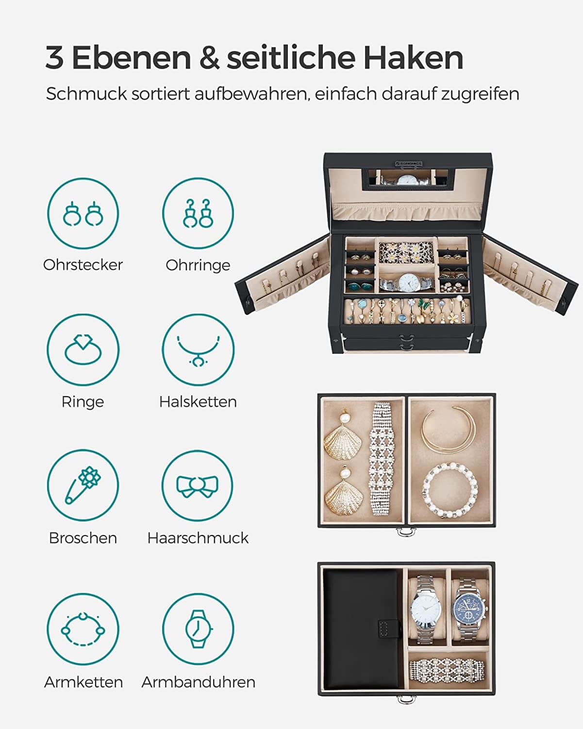 Songmics Φορητό Κουτί Αποθήκευσης Κοσμημάτων με Καθρέπτη και Κλειδαριά - Black - JBC121B