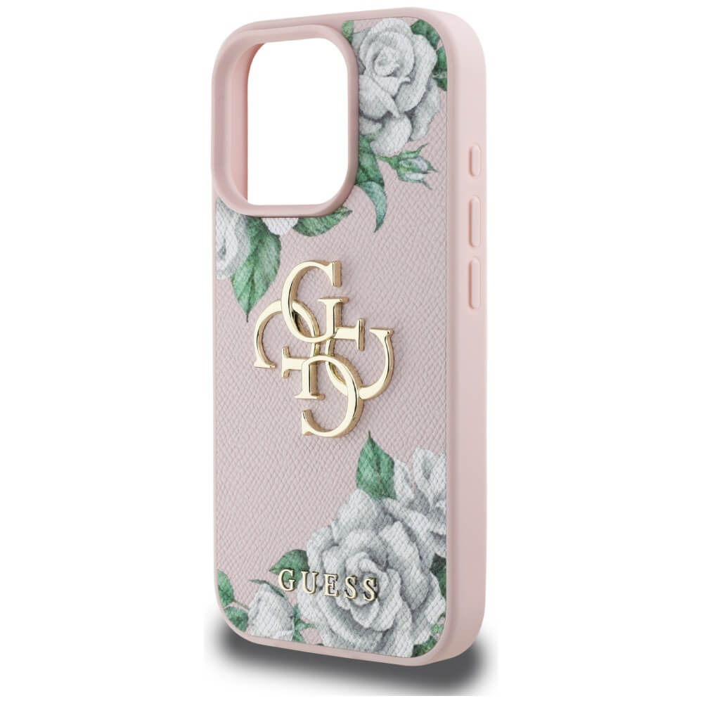 Guess iPhone 16 Pro Max - Grained Roses Big 4G Logo - Σκληρή Θήκη με Επένδυση από Οικολογικό Δέρμα - Pink - GUHCP16XPGROP4MP
