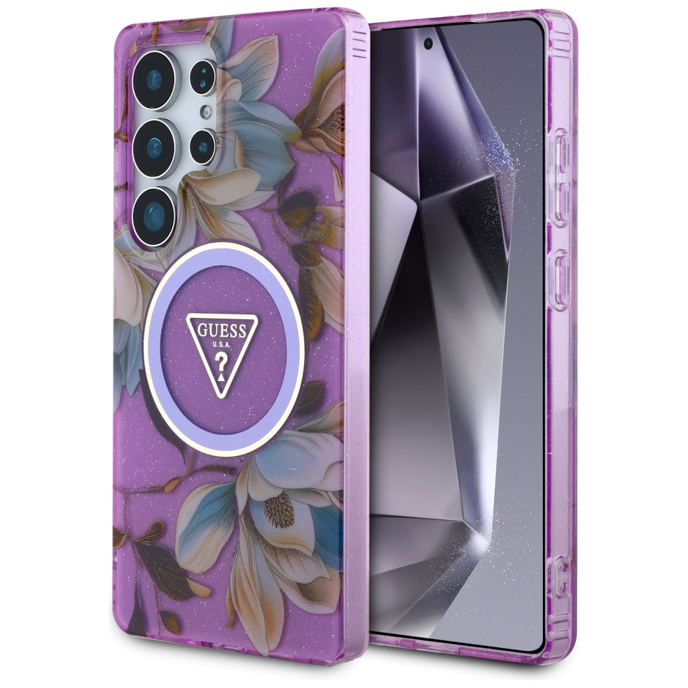 Guess Samsung Galaxy S25 Ultra - Glitter Flowers Triangle Buttons MagSafe - Σκληρή Θήκη με Πλαίσιο Σιλικόνης - Purple - GUHMS25LHFLPEDU