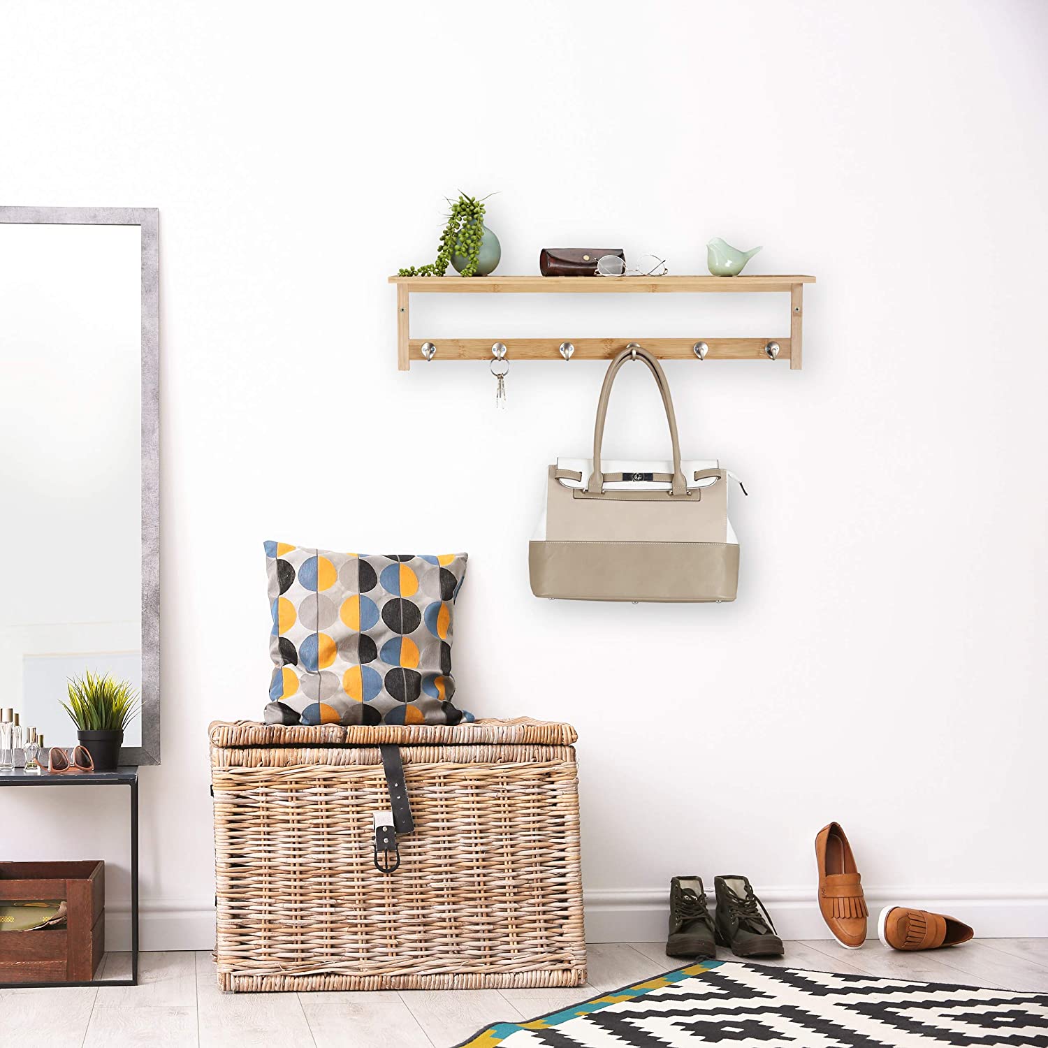 Relaxdays Ξύλινο Ράφι από Μπαμπού Μπάνιου με 6 Γάντζους για Πετσέτες - Natural - 4052025314552