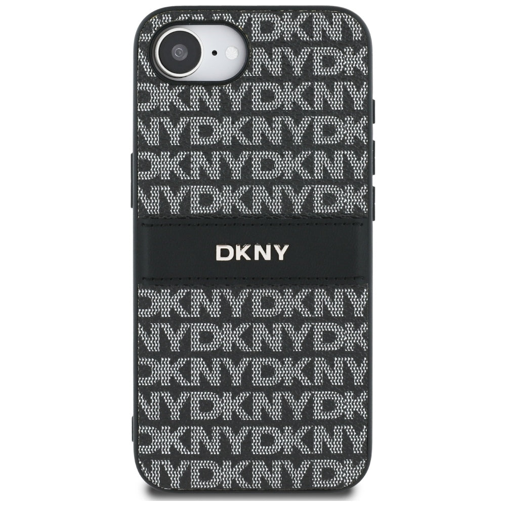 DKNY iPhone 16e - Repeat Texture Pattern with Tonal Stripe - Σκληρή Θήκη με Πλαίσιο Σιλικόνης και Επένδυση Συνθετικού Δέρματος - Black