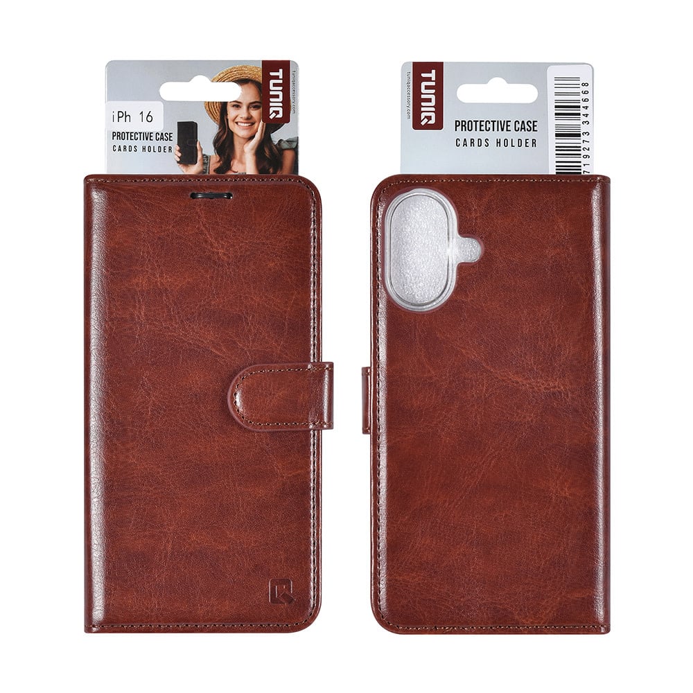 Tuniq iPhone 16 - Θήκη Πορτοφόλι Stand από Δερματίνη - Καφέ