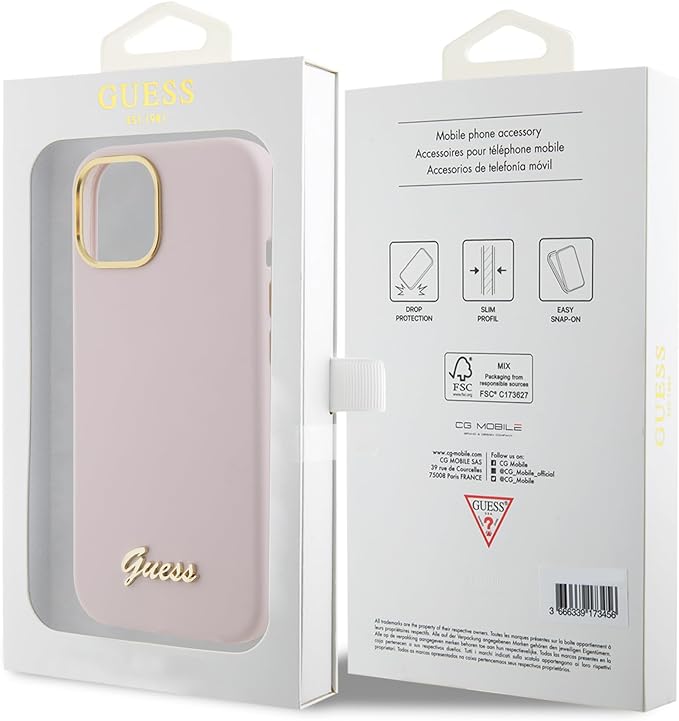Guess iPhone 15 Silicone Script Metal Logo and Frame Σκληρή Θήκη με Πλαίσιο Σιλικόνης - Pink - GUHCP15SSMBSLP
