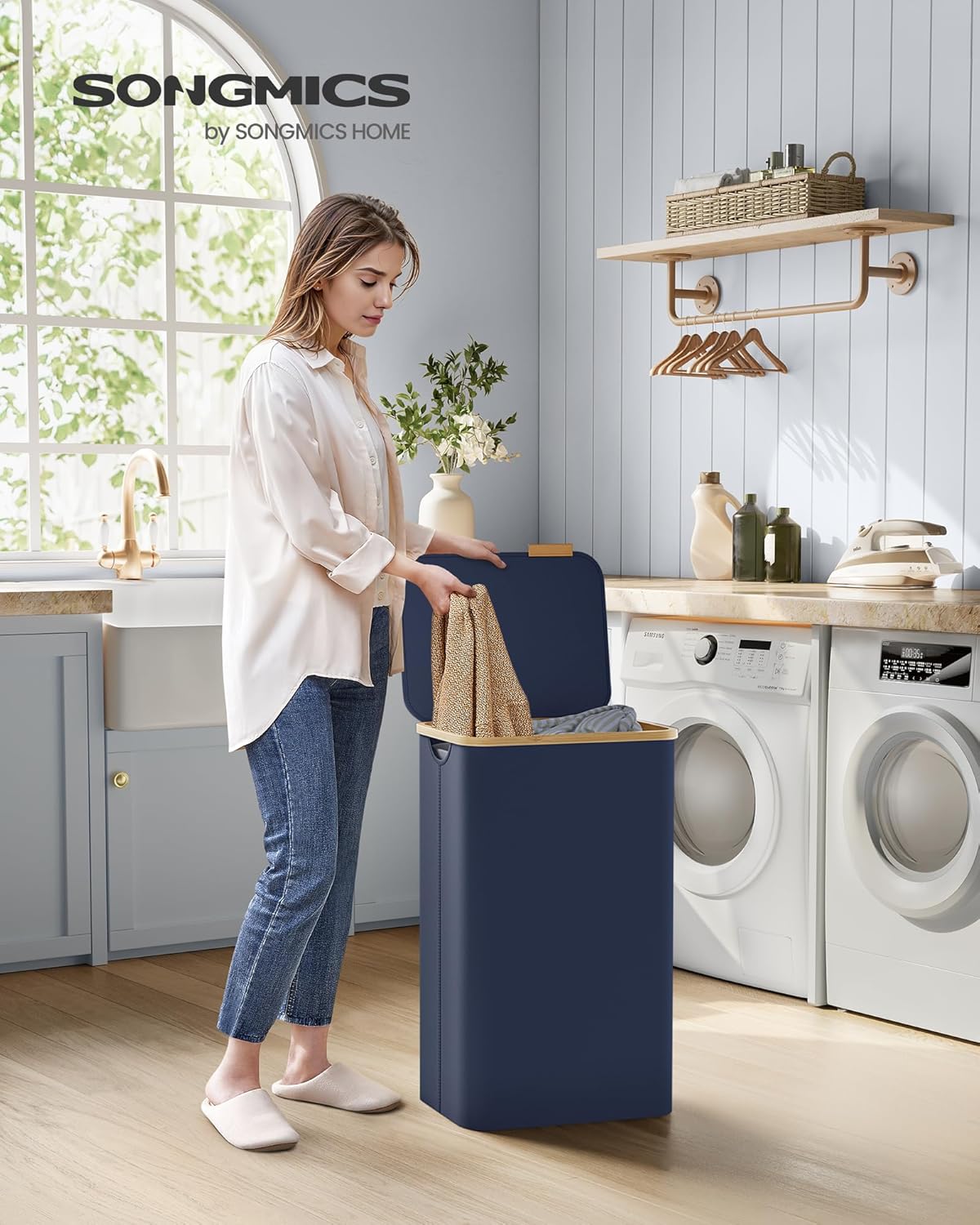 Songmics Καλάθι Απλύτων με Καπάκι και Αποσπώμενη Εσωτερική Θήκη - 90L - Charcoal Blue - LCB509Q01