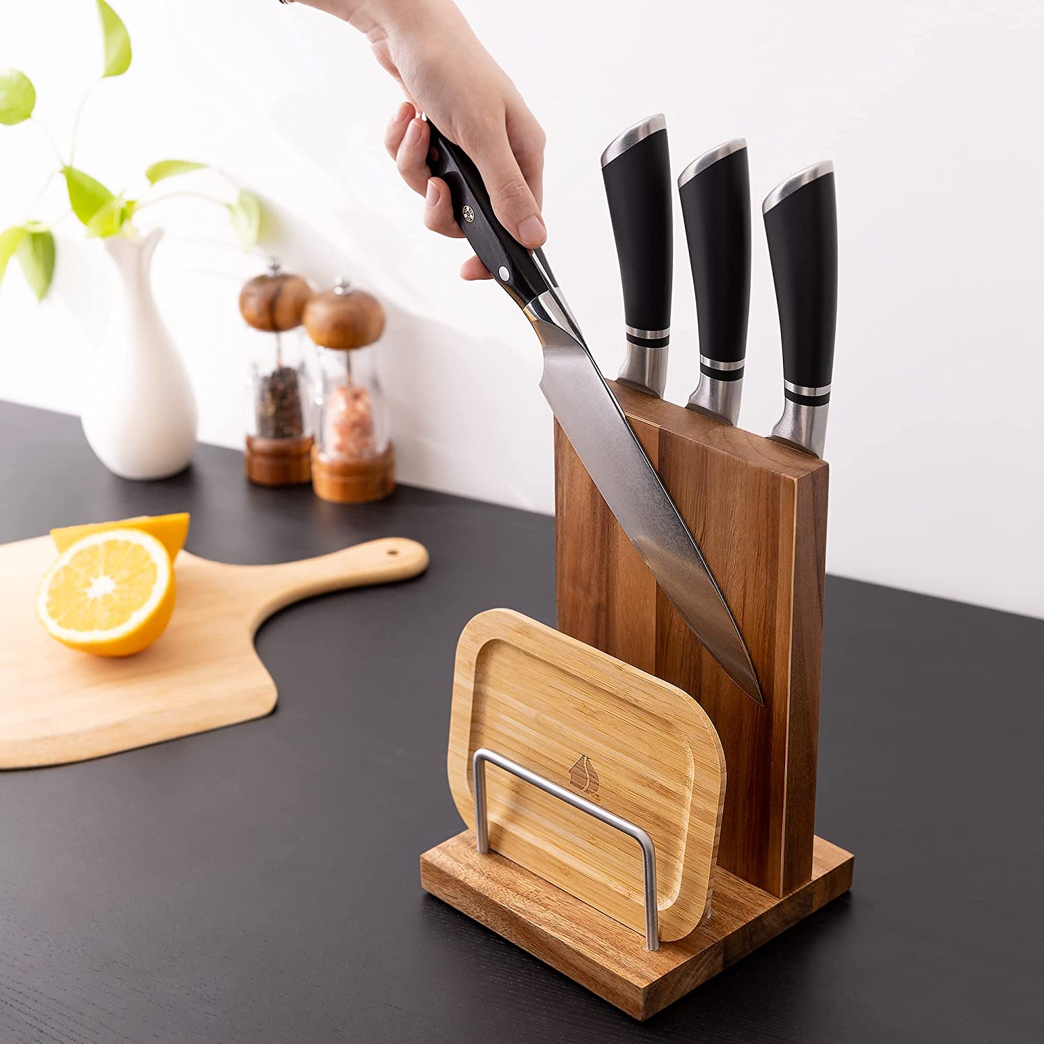 Navaris Μαγνητική Ξύλινη Βάση Μαχαιριών Διπλής Όψης με Θήκη για Ξύλο Κοπής - Brown - 58557.01