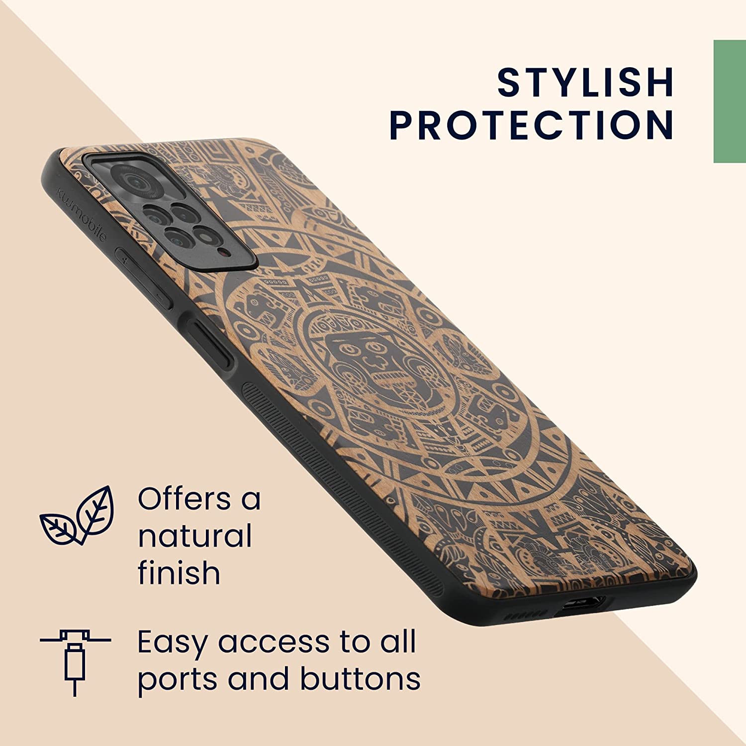 KW Xiaomi Redmi Note 11 Pro / Note 11 Pro 5G Θήκη από Φυσικό Ξύλο - Design Mayan Calendar - Light Brown / Black - 57381.03