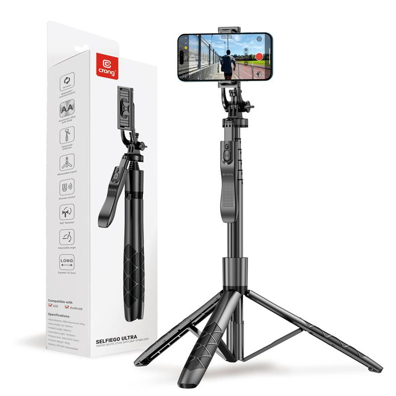 Crong SelfieGo Ultra Ασύρματο Selfie Stick Τρίποδο με Τηλεχειριστήριο Bluetooth - Black