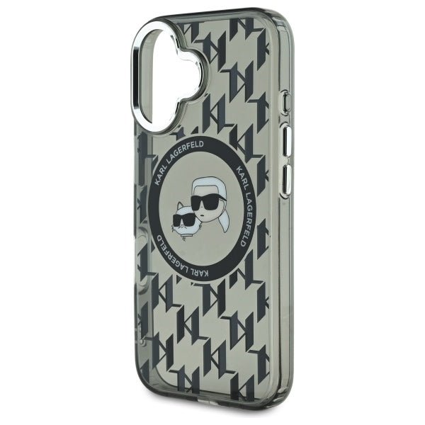 Karl Lagerfeld iPhone 16 - IML Monogram Karl and Choupette Head - MagSafe Σκληρή Θήκη με Πλαίσιο Σιλικόνης - Black - KLHMP16SHMCKMHK
