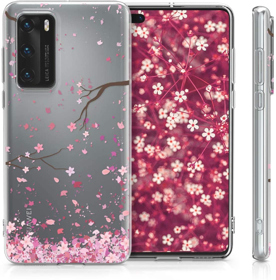 KW Huawei P40 Θήκη Σιλικόνης TPU Design Cherry Blossoms - Light Pink / Dark Brown - Διάφανη - 52162.03