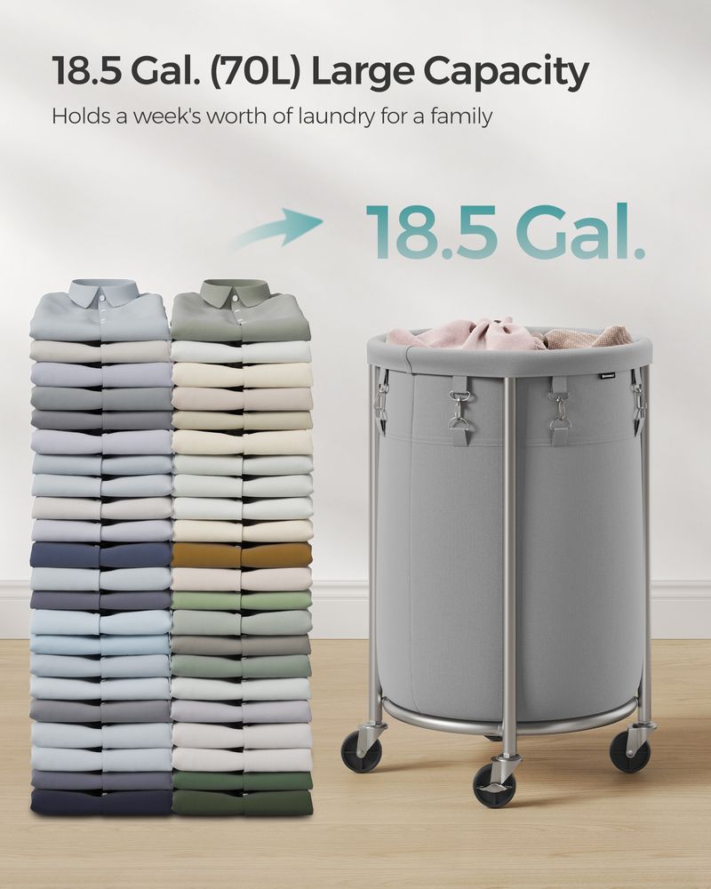 Songmics Τροχήλατο Καλάθι Απλύτων με Ατσάλινο Σκελετό και Αποσπώμενη Θήκη Ρούχων - 70L - Grey / Silver - RLS006G01