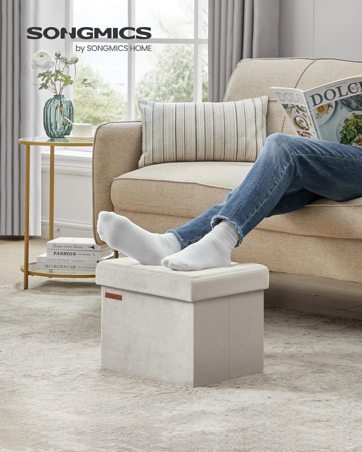 Songmics Σκαμπό με Αποθηκευτικό Χώρο - 31 x 41 cm - Cream White - LSF200W01