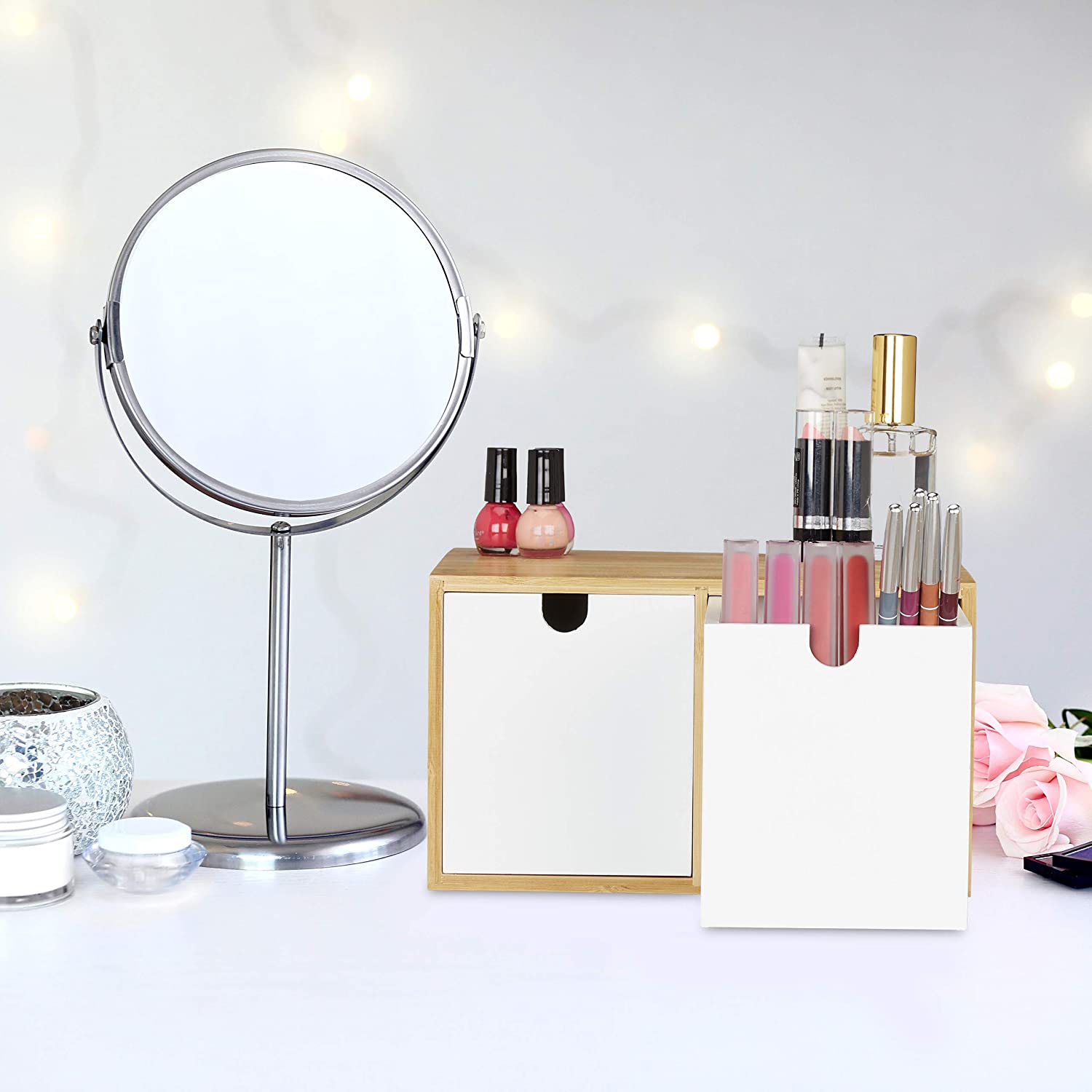 Relaxdays Ξύλινη Βάση Οργάνωσης Γραφείου με 2 Συρτάρια από Bamboo - White / Natural - 4052025902063