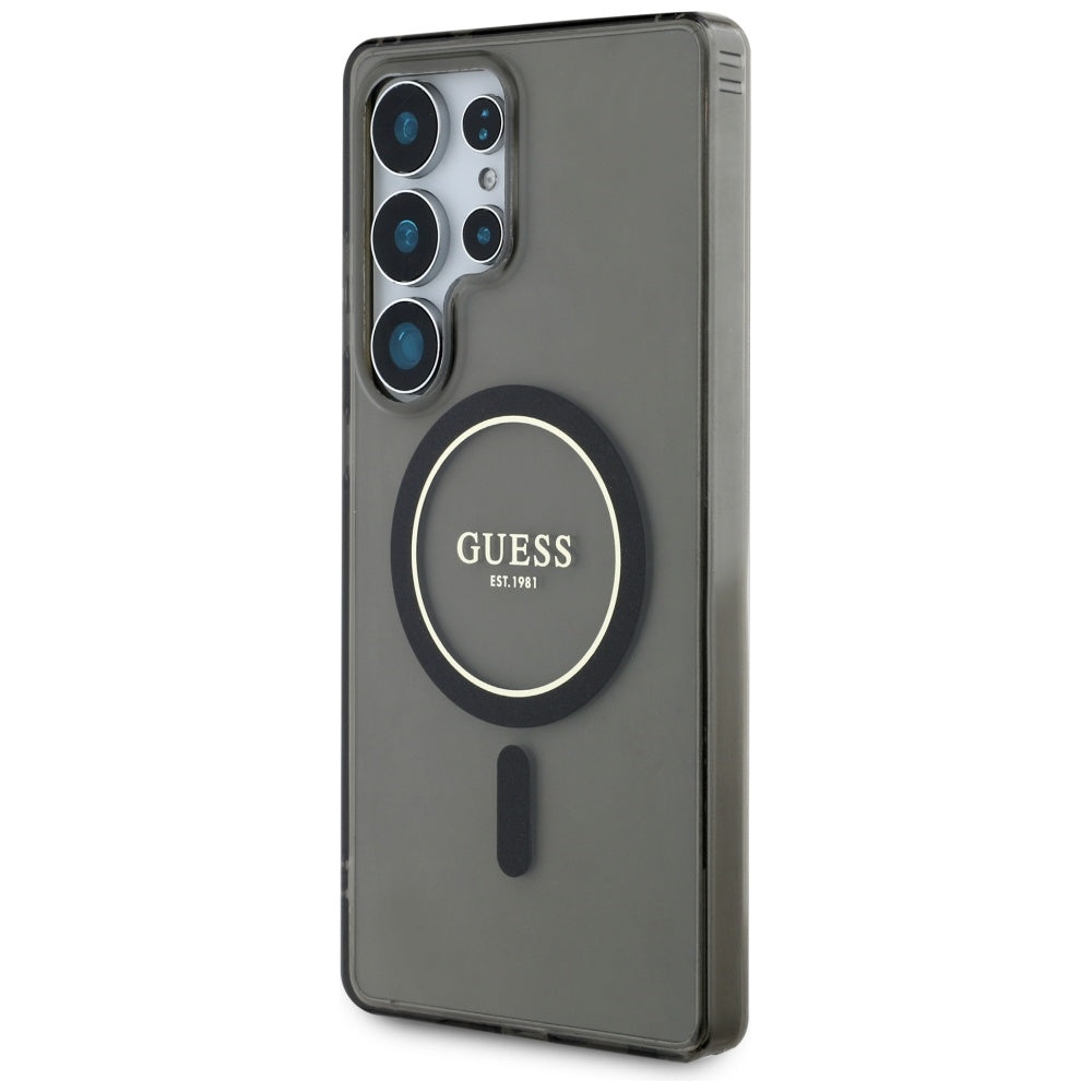 Guess Samsung Galaxy S25 Ultra - Glitter Circle Classic Logo - MagSafe Σκληρή Θήκη με Πλαίσιο Σιλικόνης - Black - GUHMS25LHFGEREK