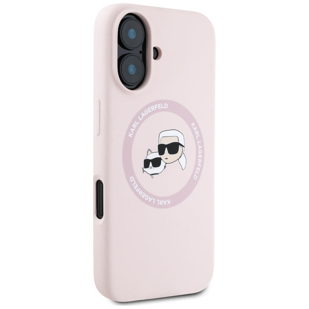 Karl Lagerfeld iPhone 16 - Silicone Double Heads and Circle - Σκληρή Θήκη Σιλικόνης με MagSafe - Pink - KLHMP16SSKCHTCP