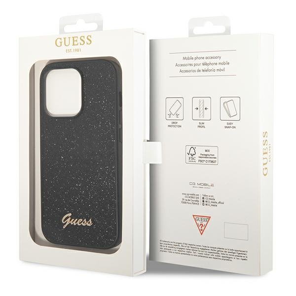 Guess iPhone 14 Pro Glitter Script Σκληρή Θήκη με Πλαίσιο Σιλικόνης - Black - GUHCP14LHGGSHK