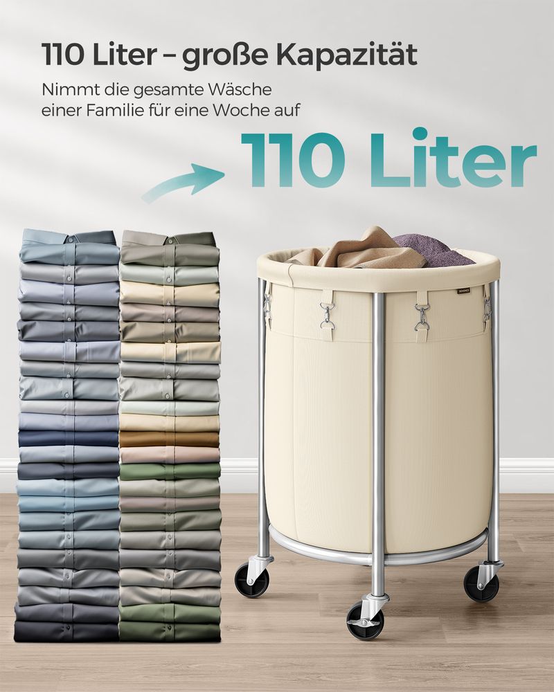Songmics Τροχήλατο Καλάθι Απλύτων με Ατσάλινο Σκελετό και Αποσπώμενη Θήκη Ρούχων - 110L - Cream White / Silver - RLS002W01